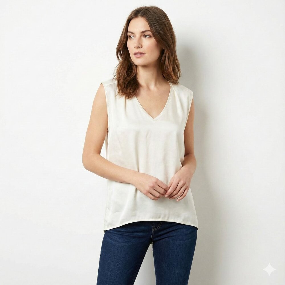 Mango Women’s Silk Front Blouse Sleeveless Satin V-neck Neutral Minimalist XS